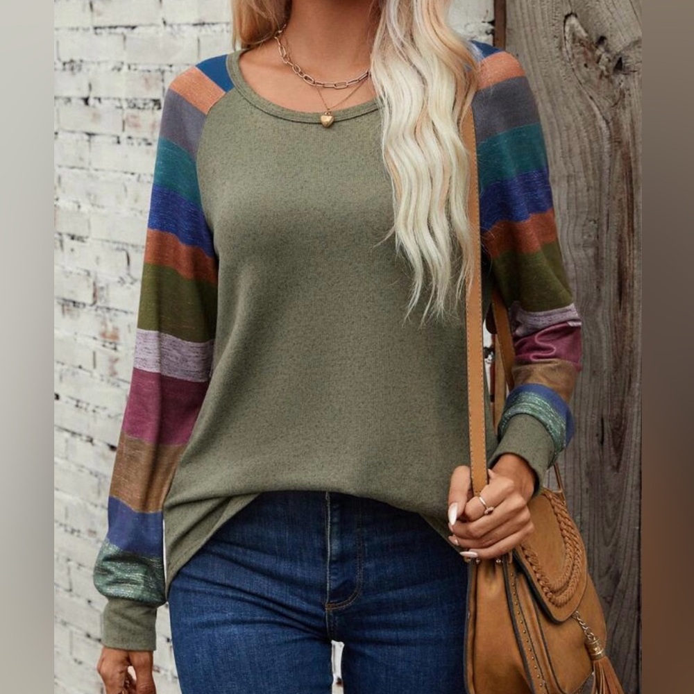 Lune Army Green MultiColor Block Raglan Long Sleeve Tee Shirt *Size Large